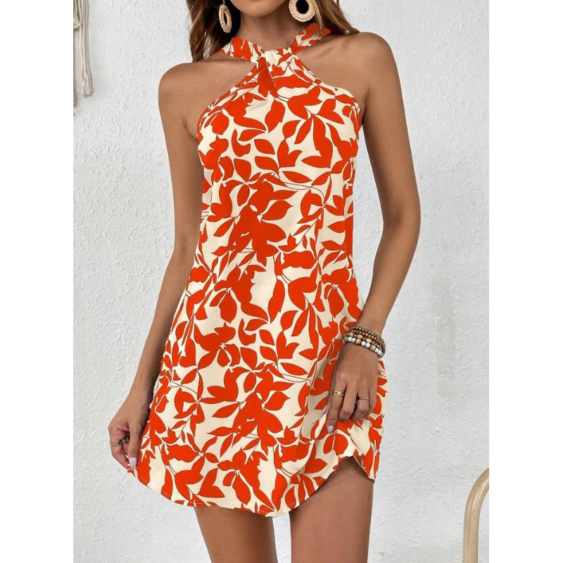 Floral Prined Halter Neck A-Line Mini Flared Dress