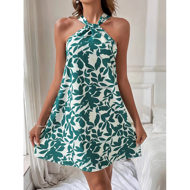 Green Floral Halter Neck A-Line Mini Dress
