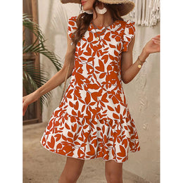 Orange Coloured Floral Print Flutter Sleeve A-Line Dress