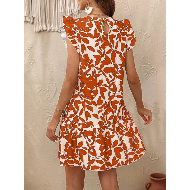 Orange Coloured Floral Print Flutter Sleeve A-Line Dress