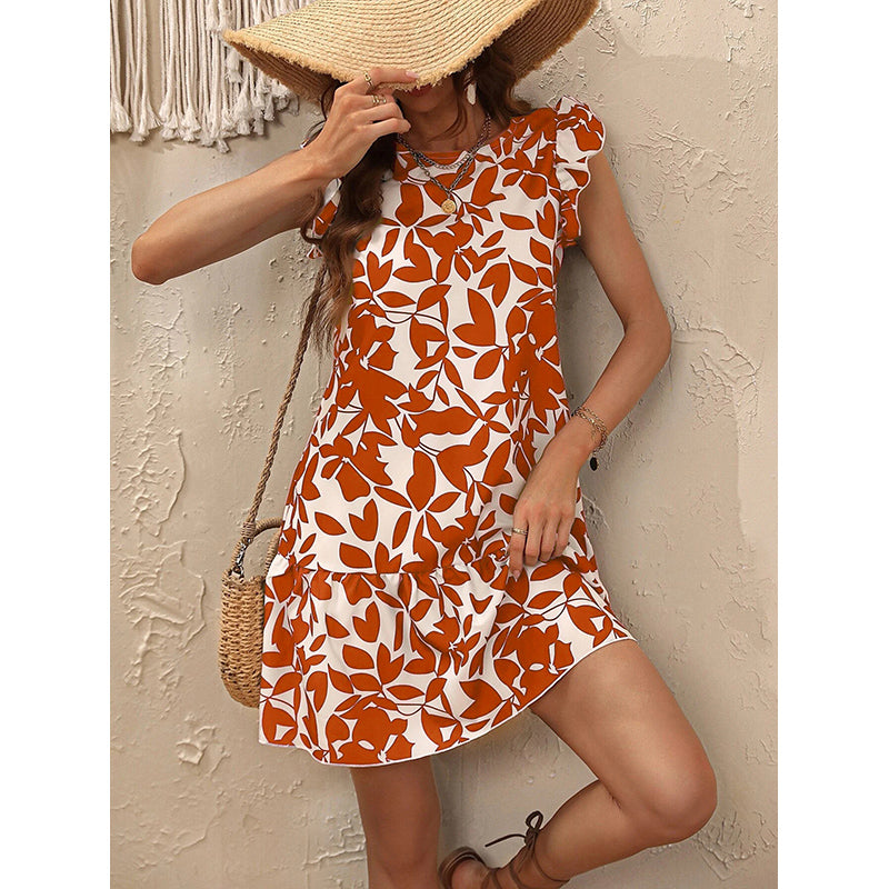 Orange Coloured Floral Print Flutter Sleeve A-Line Dress