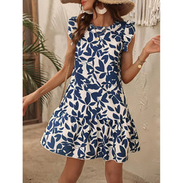 Blue Floral Print Flutter Sleeve Layered A-Line Dress