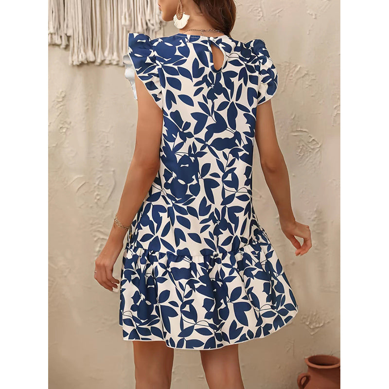 Blue Floral Print Flutter Sleeve Layered A-Line Dress