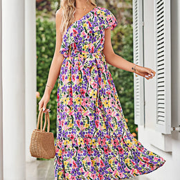 Floral Print One Shoulder Layered A-Line Dress