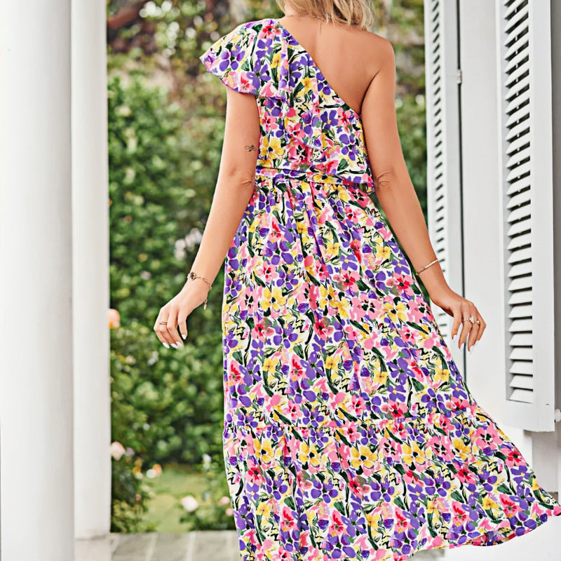 Floral Print One Shoulder Layered A-Line Dress