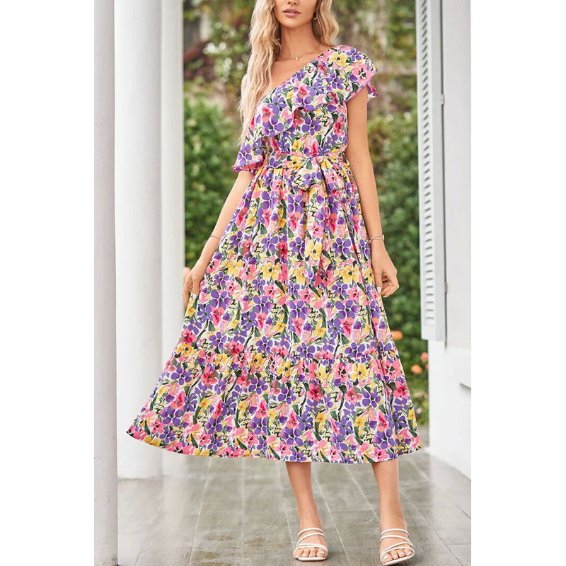 Floral Print One Shoulder Layered A-Line Dress