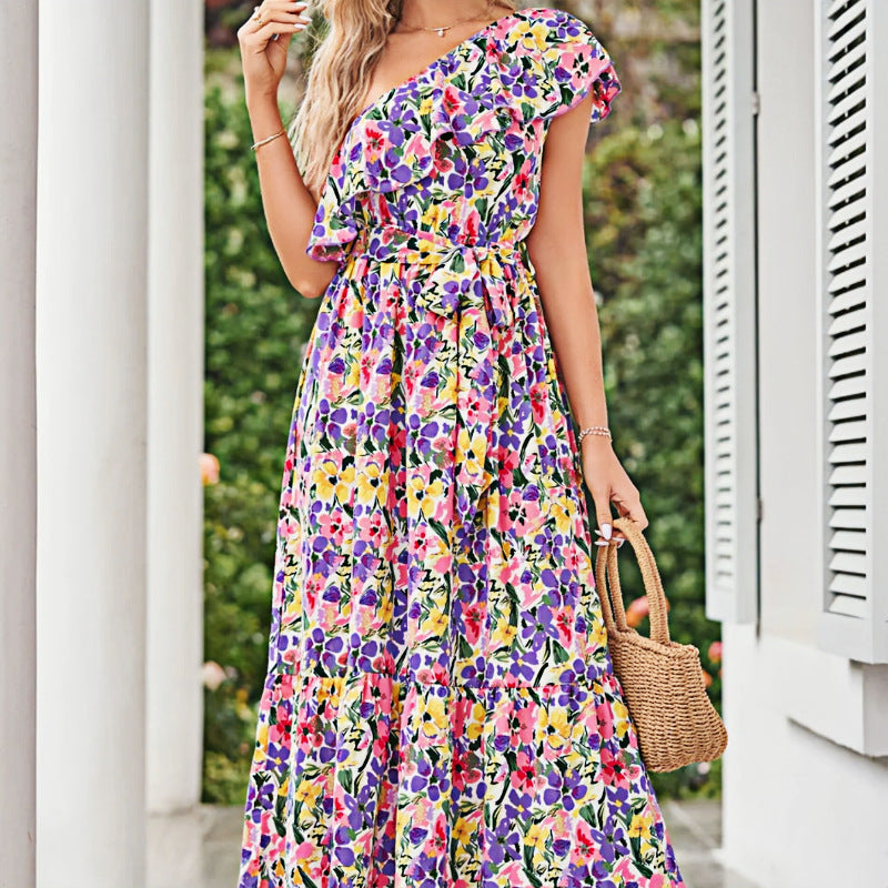 Floral Print One Shoulder Layered A-Line Dress