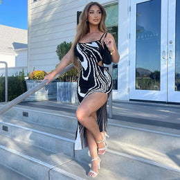 Abstract Printed Shoulder Straps Cut-Outs Detail Bodycon Midi Dress
