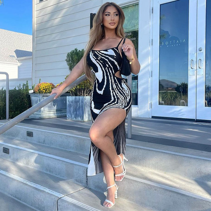 Abstract Printed Shoulder Straps Cut-Outs Detail Bodycon Midi Dress