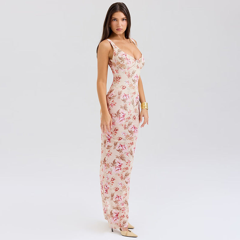 Women Floral Print Bodycon Maxi Dress