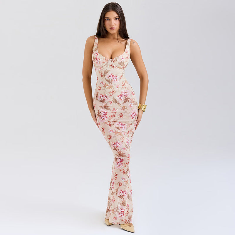 Women Floral Print Bodycon Maxi Dress