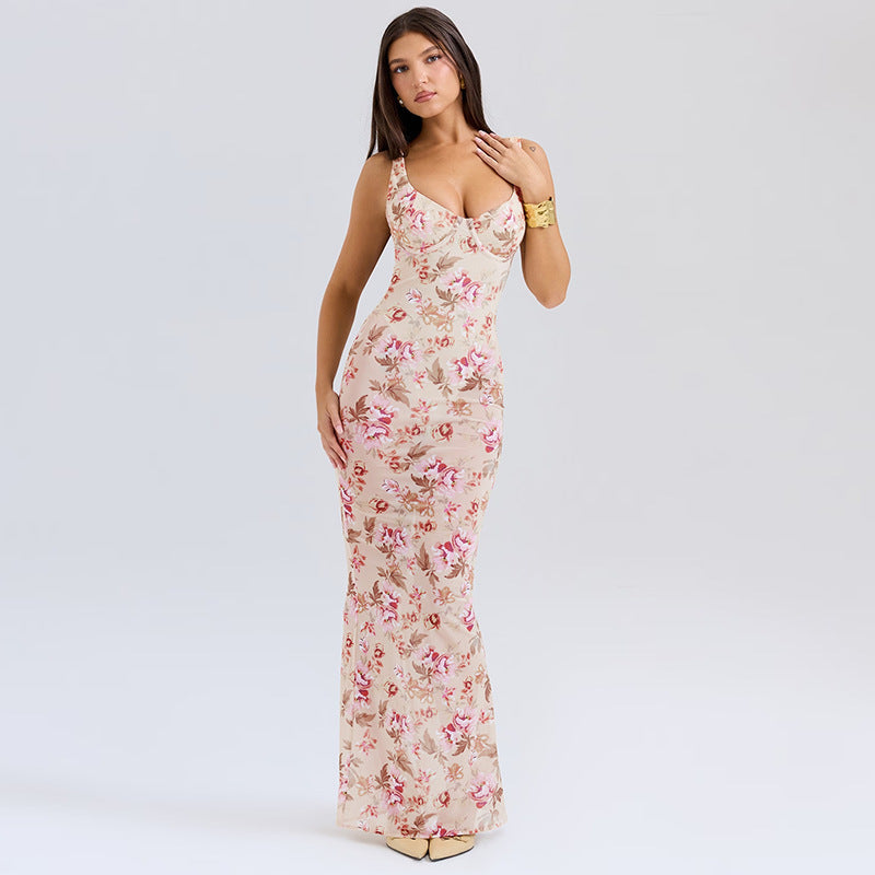 Women Floral Print Bodycon Maxi Dress