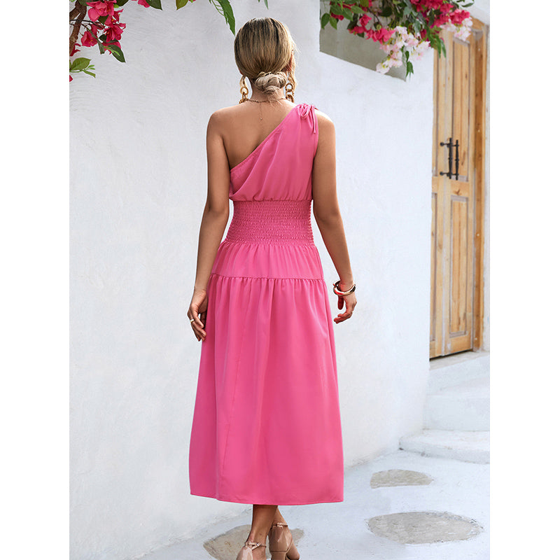 Pink One Shoulder Fit & Flare Midi Dress