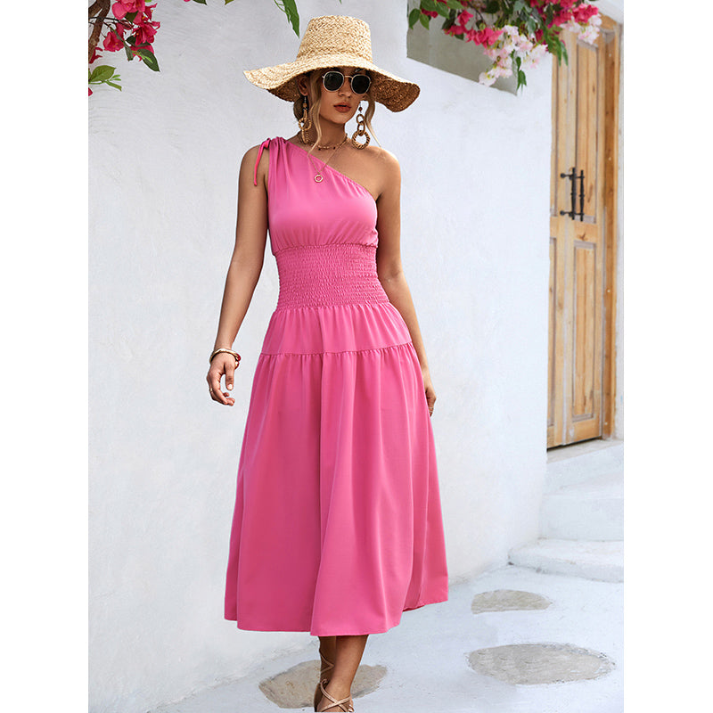 Pink One Shoulder Fit & Flare Midi Dress