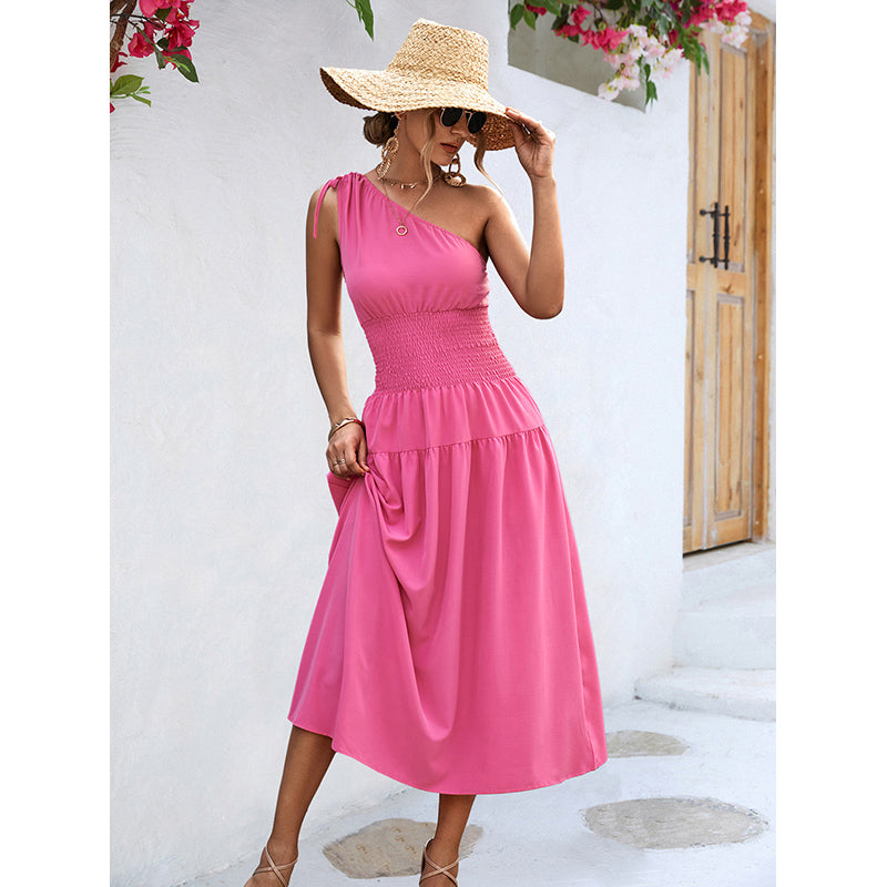 Pink One Shoulder Fit & Flare Midi Dress