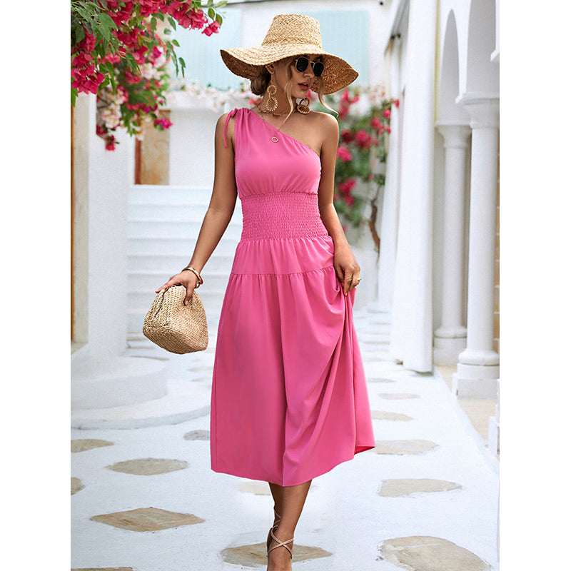 Pink One Shoulder Fit & Flare Midi Dress