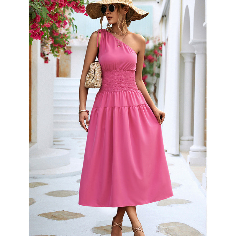 Pink One Shoulder Fit & Flare Midi Dress