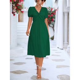 Green V-Neck Puff Sleeves A-Line Midi Dress