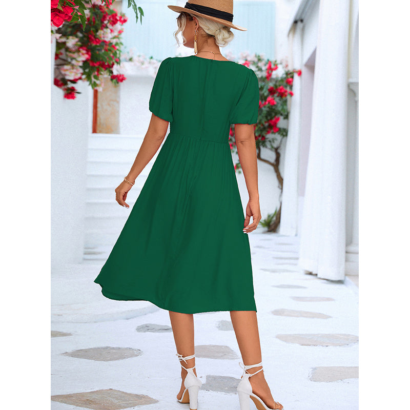 Green V-Neck Puff Sleeves A-Line Midi Dress