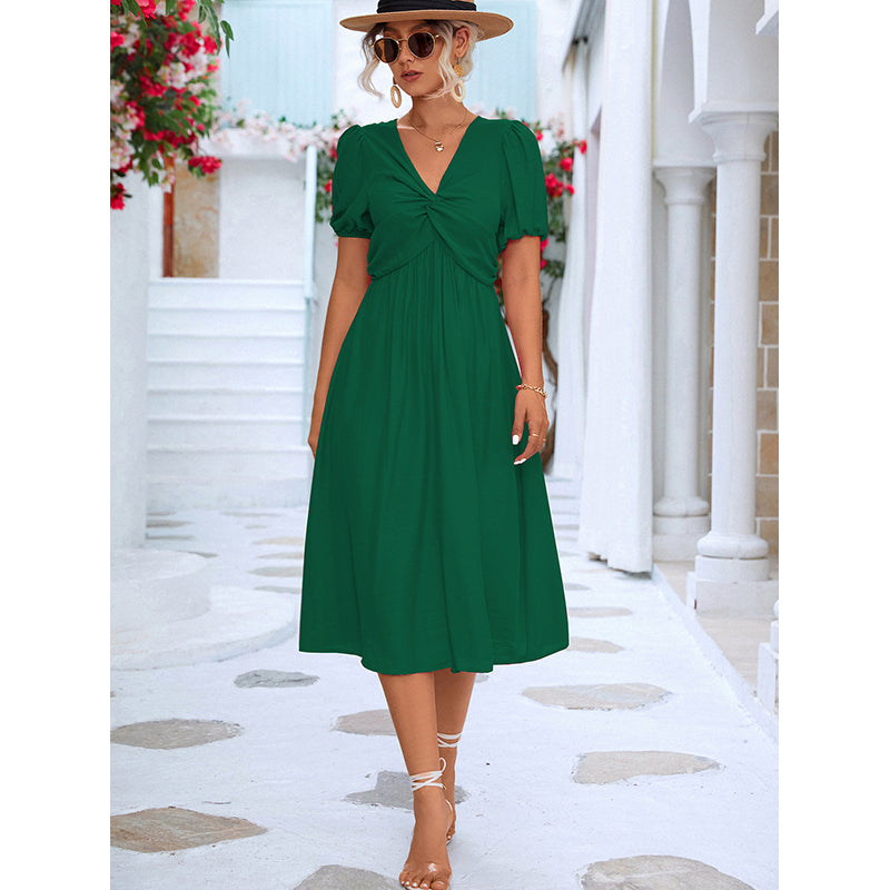 Green V-Neck Puff Sleeves A-Line Midi Dress