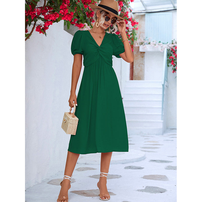 Green V-Neck Puff Sleeves A-Line Midi Dress