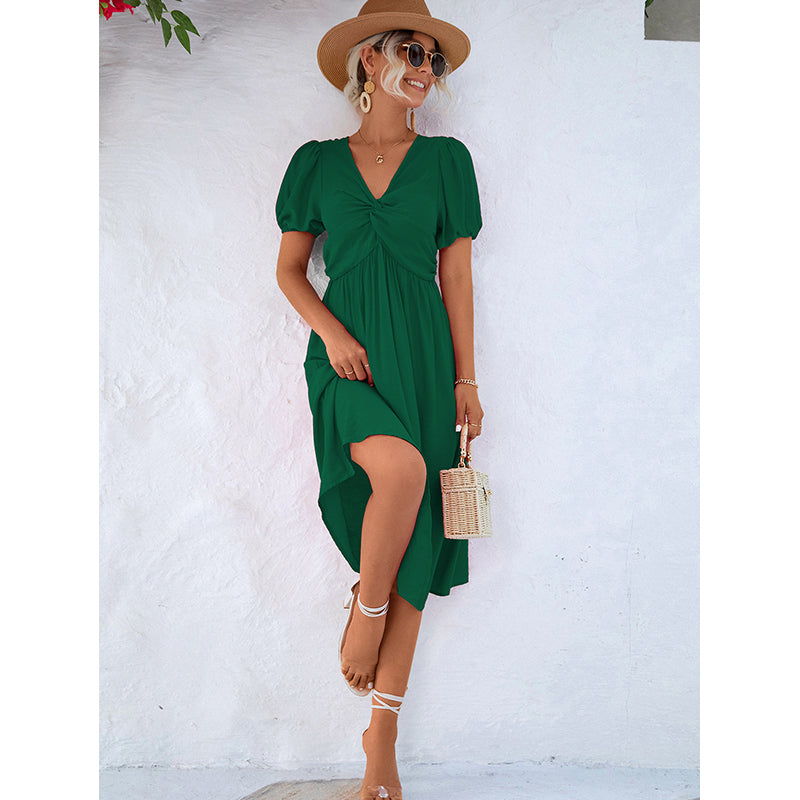 Green V-Neck Puff Sleeves A-Line Midi Dress