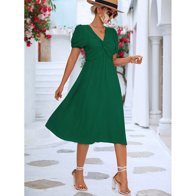 Green V-Neck Puff Sleeves A-Line Midi Dress