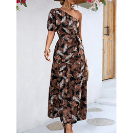 Black Floral Printed One Shoulder Maxi Dress