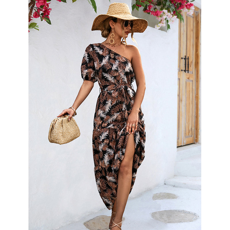 Black Floral Printed One Shoulder Maxi Dress