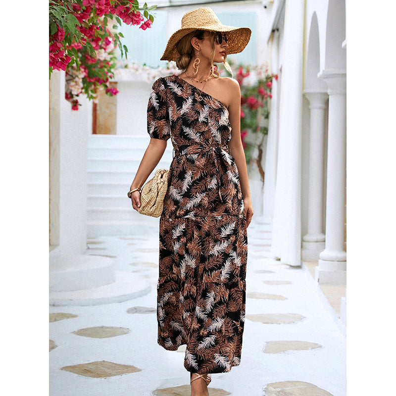 Black Floral Printed One Shoulder Maxi Dress