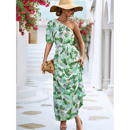 Green Floral Printed One-Shoulder Belted A-Line Maxi Dress