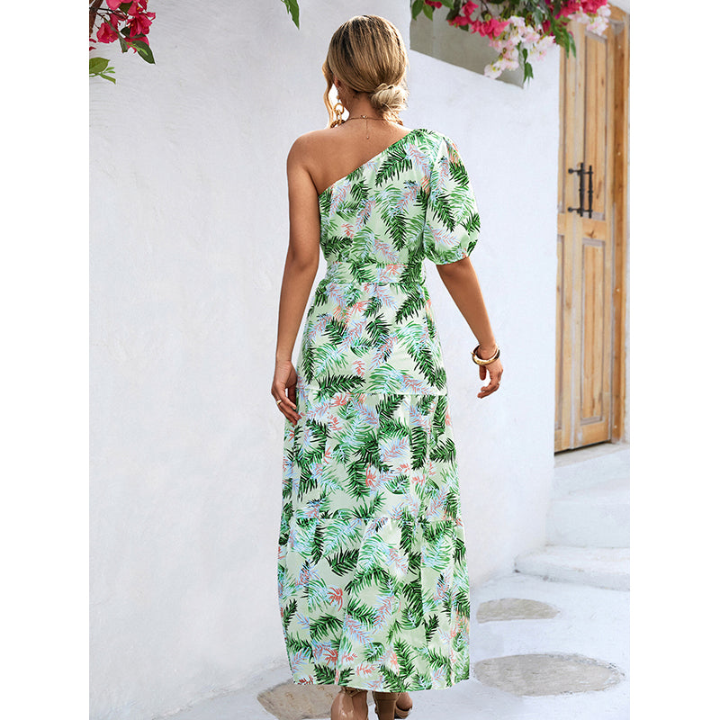 Green Floral Printed One-Shoulder Belted A-Line Maxi Dress