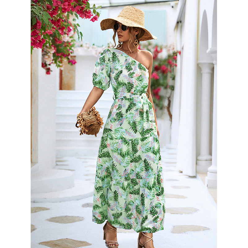 Green Floral Printed One-Shoulder Belted A-Line Maxi Dress