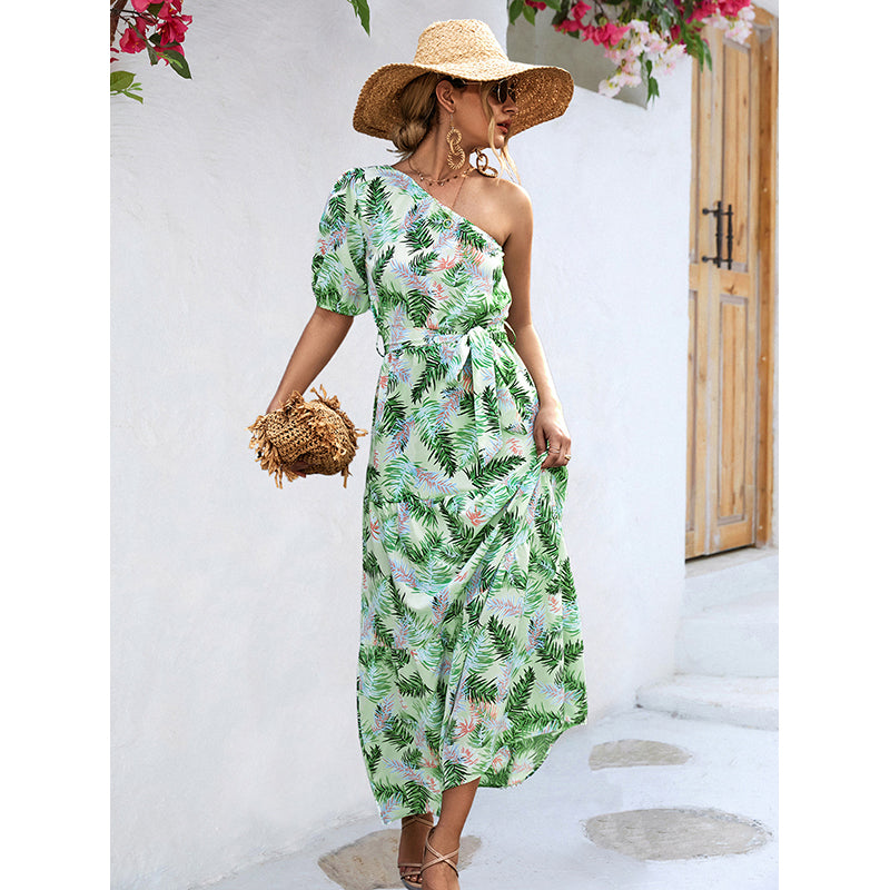 Green Floral Printed One-Shoulder Belted A-Line Maxi Dress