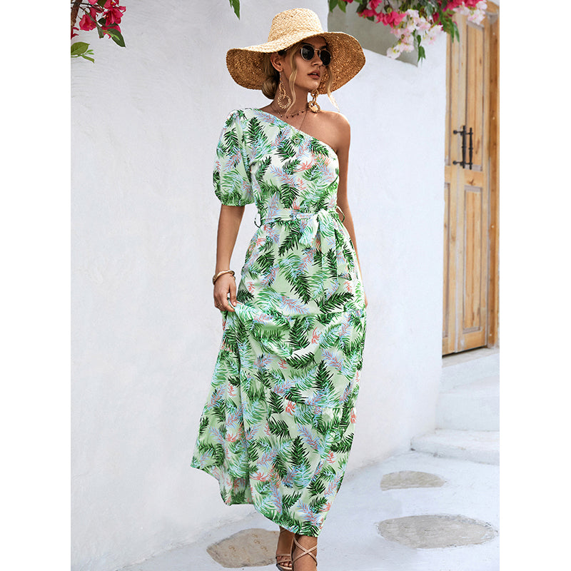 Green Floral Printed One-Shoulder Belted A-Line Maxi Dress