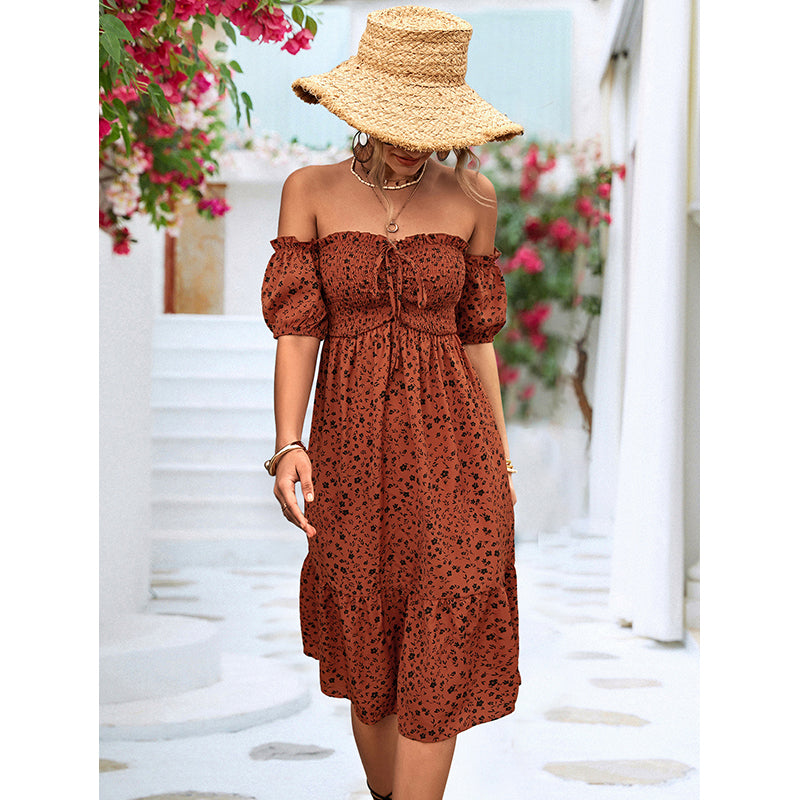 Off Shoulder Floral Print Flutter Sleeve A-Line Dress