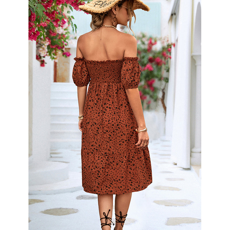 Off Shoulder Floral Print Flutter Sleeve A-Line Dress