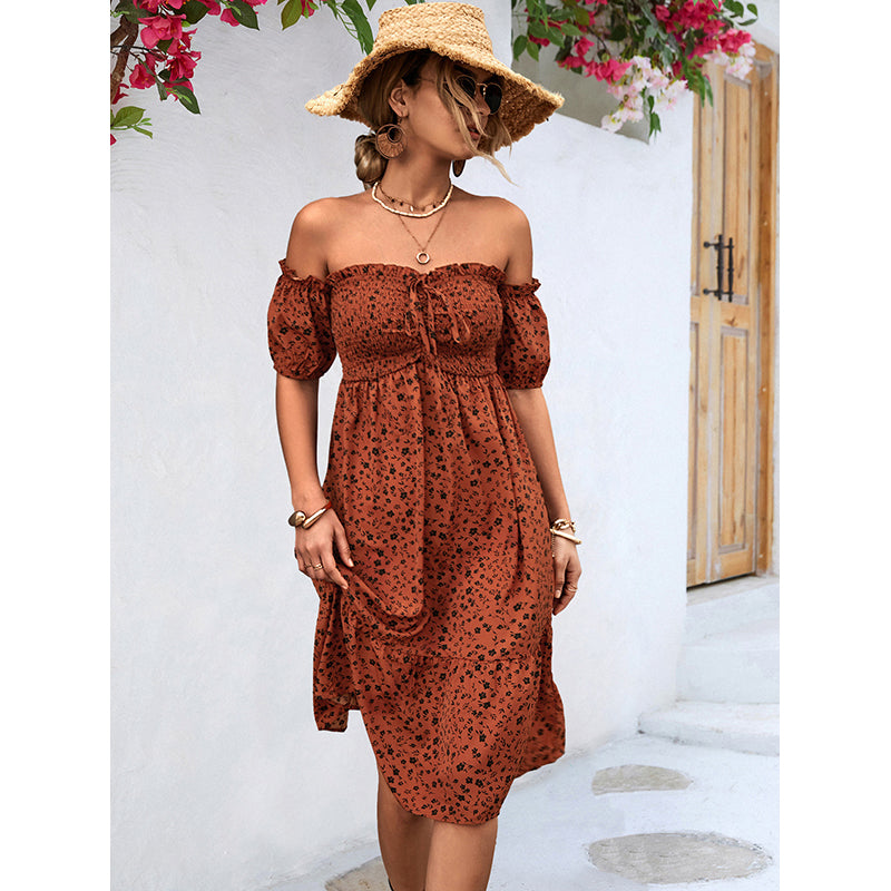 Off Shoulder Floral Print Flutter Sleeve A-Line Dress