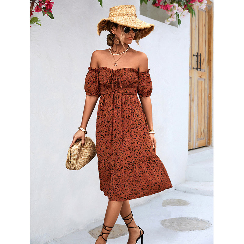 Off Shoulder Floral Print Flutter Sleeve A-Line Dress