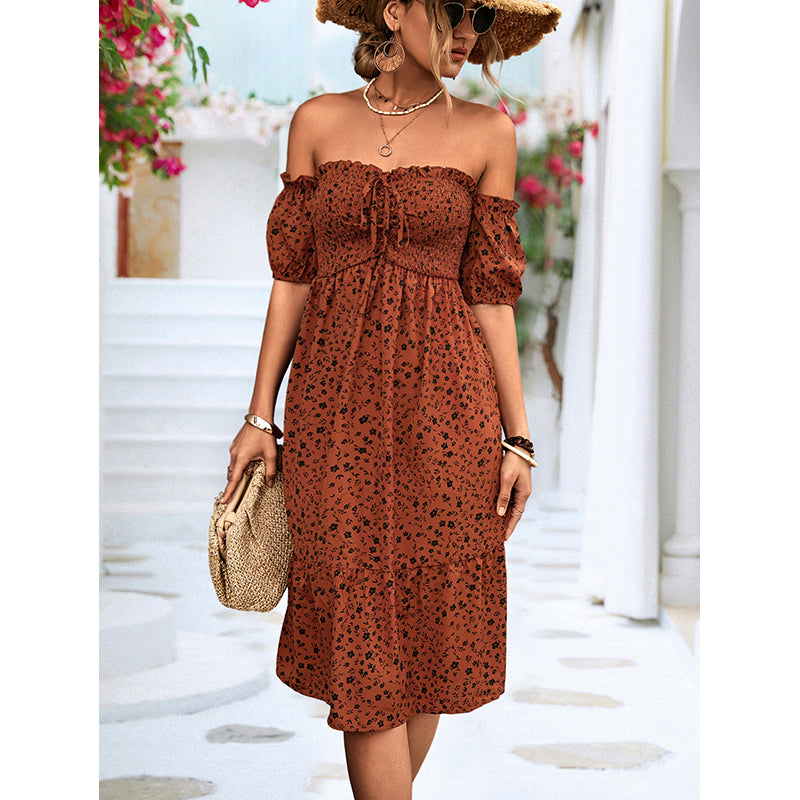 Off Shoulder Floral Print Flutter Sleeve A-Line Dress