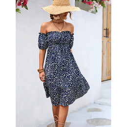 Navy Blue Floral Printed Off-Shoulder Fit & Flare Midi Dress