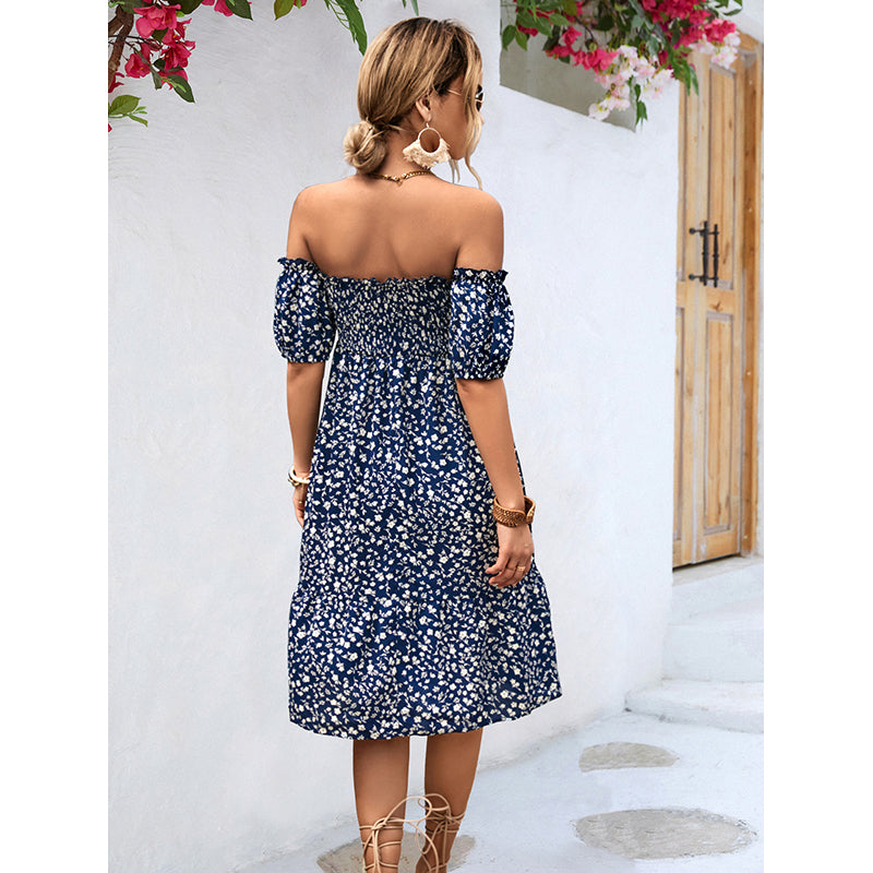 Navy Blue Floral Printed Off-Shoulder Fit & Flare Midi Dress