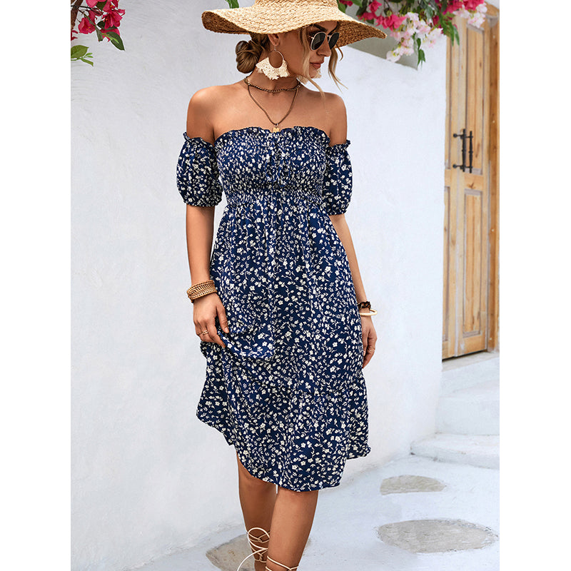 Navy Blue Floral Printed Off-Shoulder Fit & Flare Midi Dress