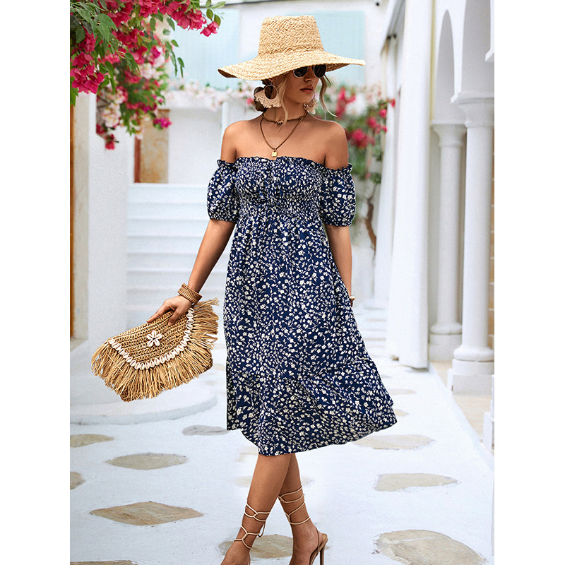 Navy Blue Floral Printed Off-Shoulder Fit & Flare Midi Dress