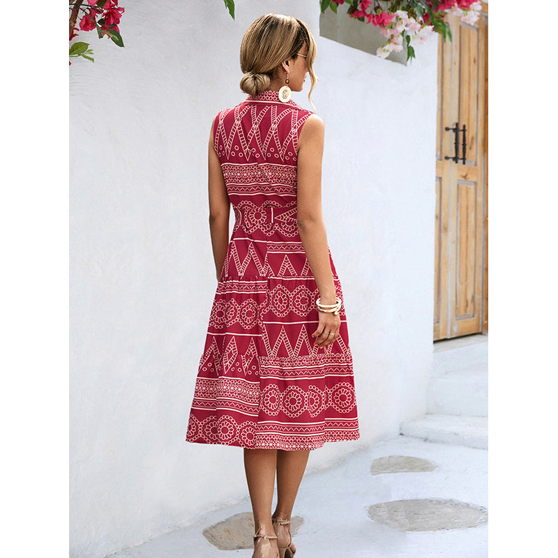 Red Geometric Print Shirt Midi Dress