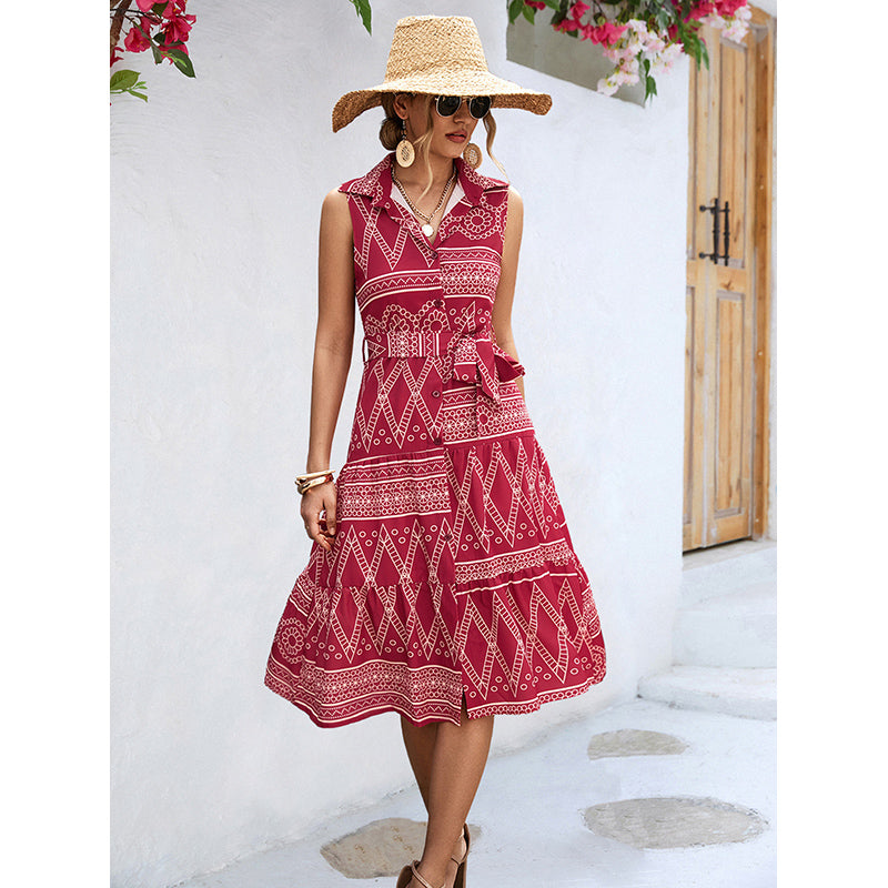 Red Geometric Print Shirt Midi Dress