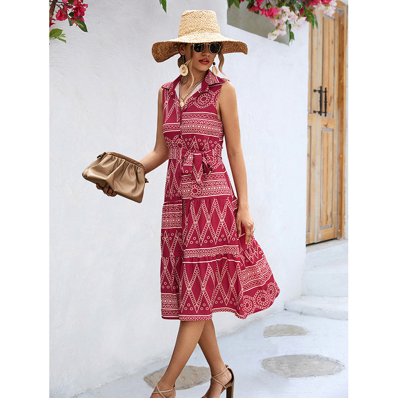 Red Geometric Print Shirt Midi Dress