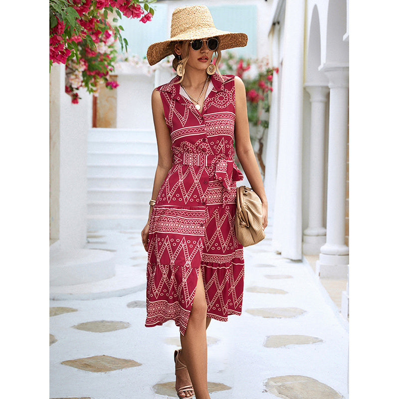 Red Geometric Print Shirt Midi Dress