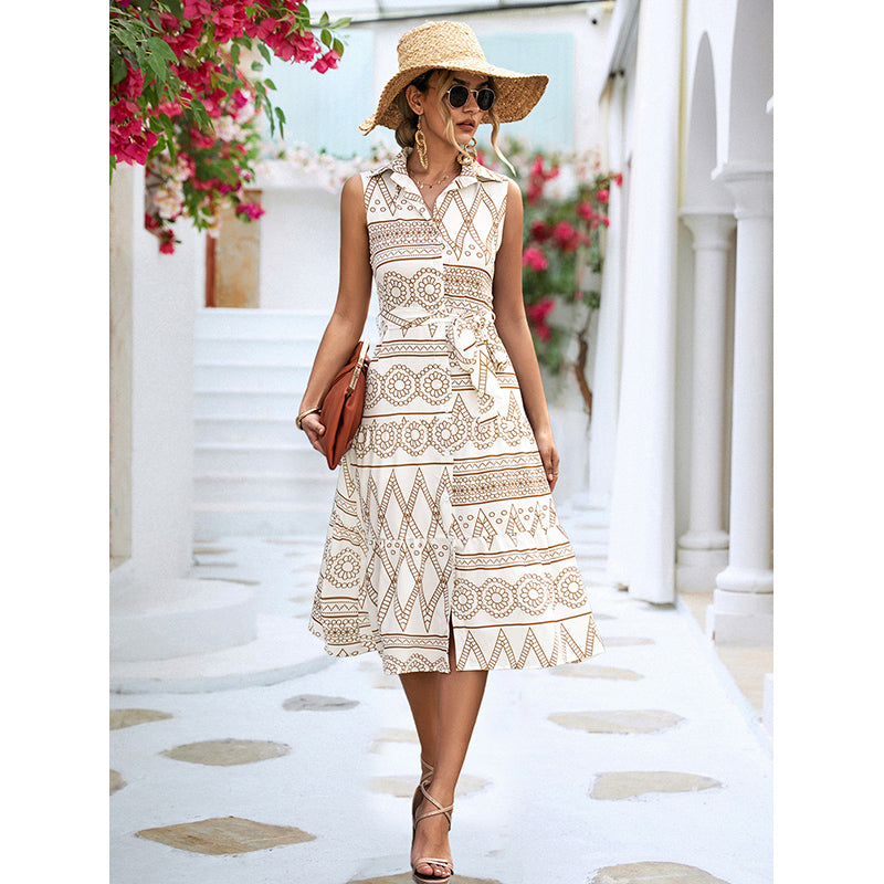 Beige Geometric Print A-Line Midi Dress