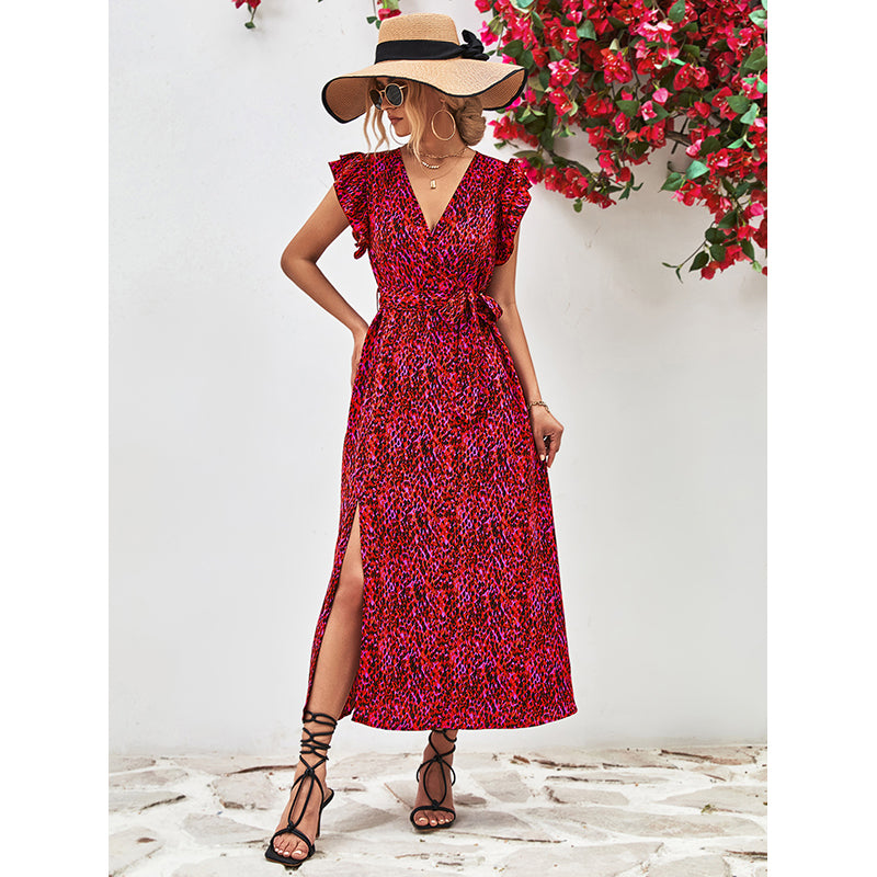 Animal Print Flutter Sleeve Maxi Dress